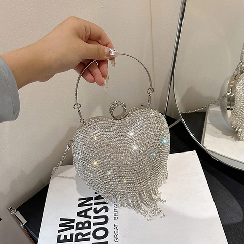 Herzförmige Strass Abendtasche Mit Langen Quasten Rundem Ringgriff Und Kettengurt Für Frauen Party Hochzeit