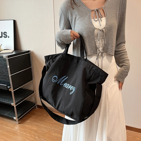 Grote Capaciteit Canvas Draagtas Dames Casual Artistieke Belettering Schoudertas School Woon-Werkverkeer Minimalistische Stijl