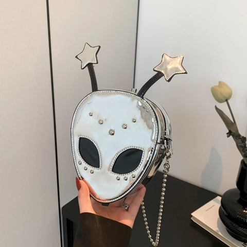 Alien Umhängetasche Metallic Spiegel PU Leder Y2K Punk Nietendetails Kettengurt Neuheit Handtasche Für Damen