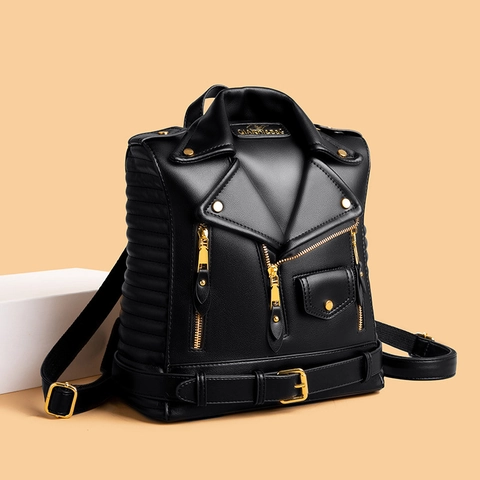 Zaino Di Moda Donna Pelle PU Design Giacca Da Moto Stile Biker Multi Tasca Viaggio Casual Per Ragazze