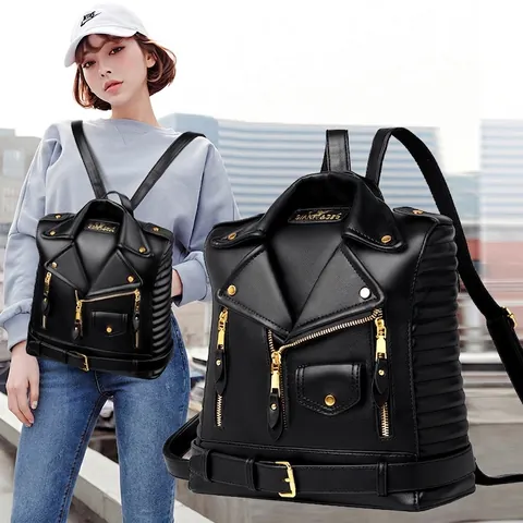 Zaino Di Moda Donna Pelle PU Design Giacca Da Moto Stile Biker Multi Tasca Viaggio Casual Per Ragazze