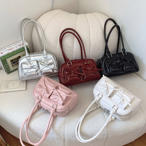 Balletcore Bowknot Underarm Bag PU Leather High Gloss Double Pockets Vintage Y2K Style Niche Women Shoulder Bag