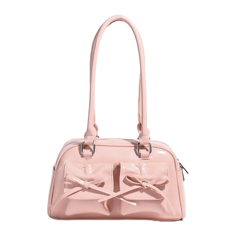 Balletcore Bowknot Underarm Bag PU Leather High Gloss Double Pockets Vintage Y2K Style Niche Women Shoulder Bag