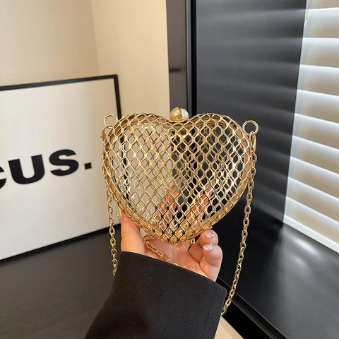 Hartvormige Avondtas Van Hol Metaalgaas Crossbody Tas Met Ketting Voor Dames Bruiloft Feest