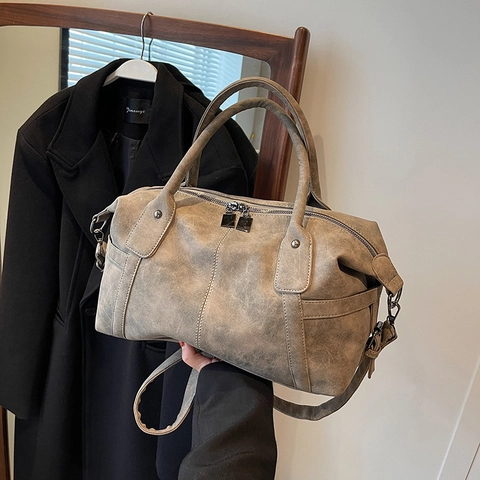Damen Vintage Matt PU Leder Boston Tasche Große Kapazität Doppelgriff Abnehmbarer Riemen Retro Pendler Umhängetasche Handtasche