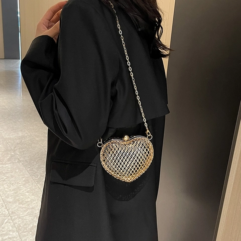 Hartvormige Metalen Mesh Avond Clutch Tas Met Kettingriem Opengewerkt Ontwerp Voor Feesten En Bruiloften Trendy Accessoire