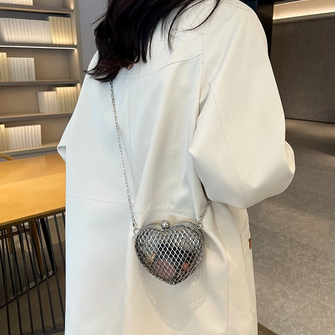 Hartvormige Avondtas Van Hol Metaalgaas Crossbody Tas Met Ketting Voor Dames Bruiloft Feest