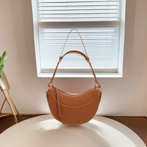 Borsa Hobo A Mezzaluna Da Donna Pelle Sintetica Texturizzata Cuciture A Contrasto Tracolla Regolabile Borsa A Spalla Minimalista