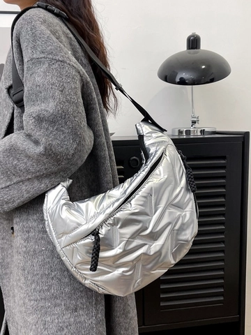 Borsa A Tracolla Trapuntata Metallizzata Puffer Grande Capacità Tracolla Larga Regolabile Mezzaluna Dumpling Tote Per Donna
