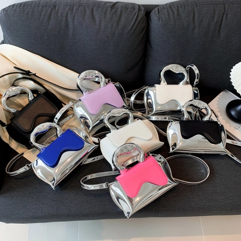 Mini PU Leder Handtasche Flüssigmetall Griff Wellenklappe Spiegel Metallic Umhängetasche Trendy Schick Für Damen