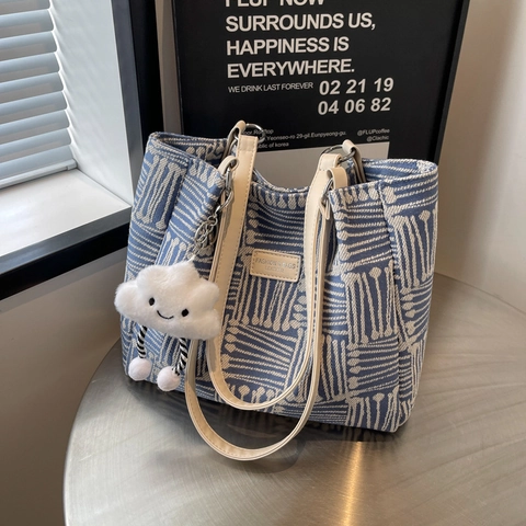 Gewebte Tote Bag Mit Geometrischem Muster Große Kapazität Leinwand Schultertasche Mit Wolkenanhänger Für Damen Chic Pendler