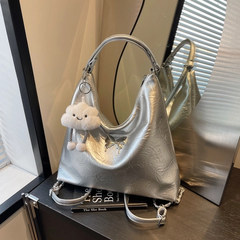 Women Large Capacity Shoulder Bag Pleated PU Leather With Butterfly Decor And Cloud Charm Casual Daily Tote