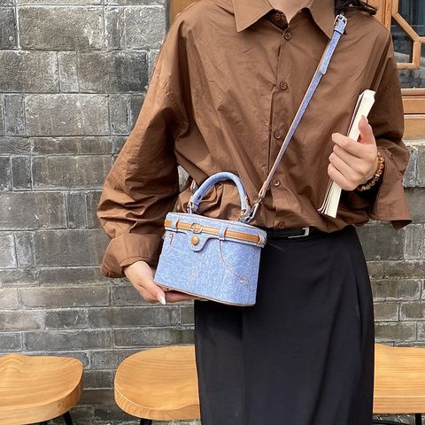 Borsa A Scatola In Denim Con Finiture In Pelle PU Borsa A Tracolla Da Donna Moda Casual Vintage
