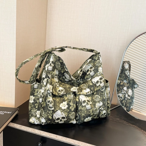 Borsa A Tracolla In Tela Con Stampa Teschio E Rosa Grande Capacità Borsa Tote Gothic Punk Con Tasche Multiple Per Donna