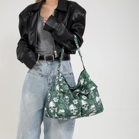 Borsa A Tracolla In Tela Con Stampa Teschio E Rosa Grande Capacità Borsa Tote Gothic Punk Con Tasche Multiple Per Donna