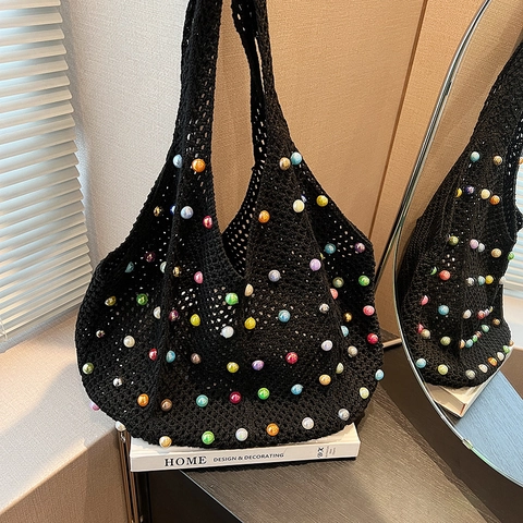 Borsa Tote All'Uncinetto Fatta A Mano Per Donna Grande Capacità Borsa A Tracolla Intrecciata Con Perline Colorate Mesh Bohemien Spiaggia