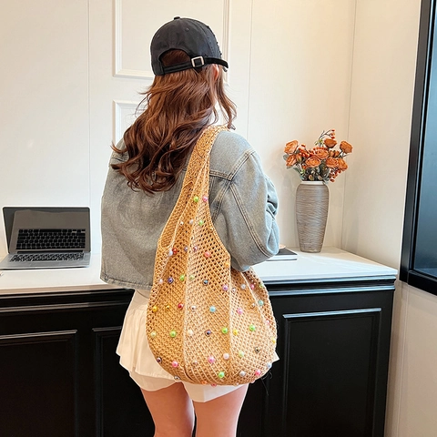 Borsa Tote All'Uncinetto Fatta A Mano Per Donna Grande Capacità Borsa A Tracolla Intrecciata Con Perline Colorate Mesh Bohemien Spiaggia