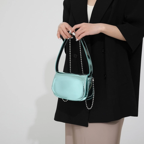 Women Patent Leather Underarm Bag Metallic Mirror Finish Shoulder Handbag With Bead Chain Y2K Chic Party Purse