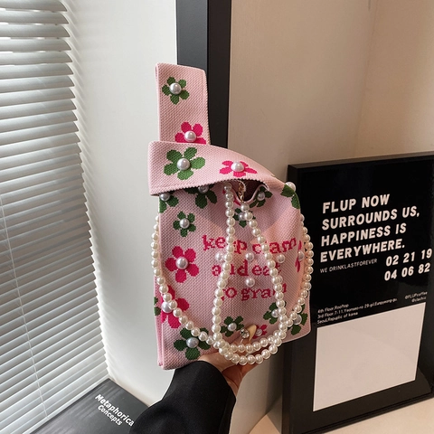 Borsa A Mano In Maglia Con Fiori E Tracolla Di Künstliche Perle Borsa A Spalla Ricamata Retro Per Donna