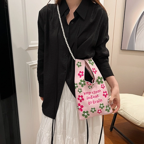 Borsa A Mano In Maglia Con Fiori E Tracolla Di Künstliche Perle Borsa A Spalla Ricamata Retro Per Donna