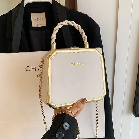 Borsa Tracolla Scatola Ottagonale Da Donna Pelle PU Cornice Metallo Oro Catena Manico Intrecciato Vintage Elegante