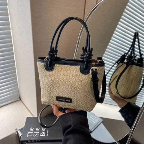 Damen Stroh Gewebte Umhängetasche Handtasche PU Leder Spleißen Vielseitige Umhängetasche Eimer Tasche Urban Minimalistisch Lässig Urlaub Stil