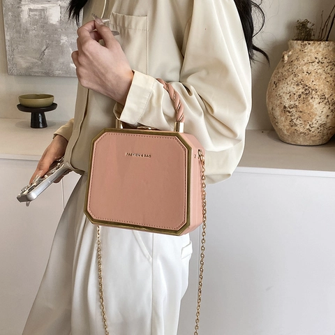 Borsa Tracolla Scatola Ottagonale Da Donna Pelle PU Cornice Metallo Oro Catena Manico Intrecciato Vintage Elegante