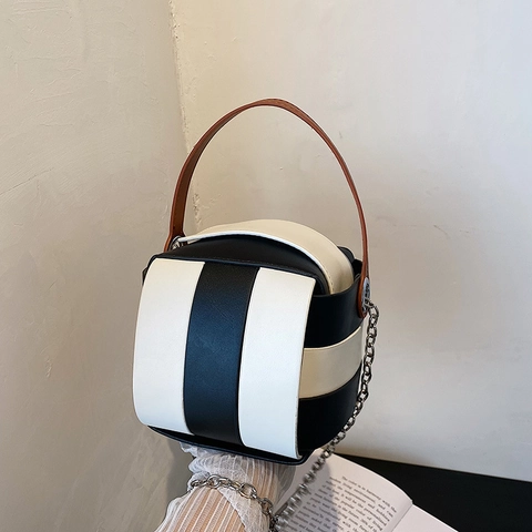 Women Woven Bucket Handbag PU Leather Color Block Striped Cube Crossbody Bag With Chain Strap And Handle