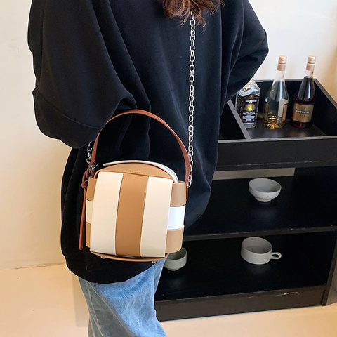 Women Woven Bucket Handbag PU Leather Color Block Striped Cube Crossbody Bag With Chain Strap And Handle