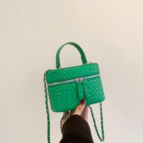 Woven PU Leder Vanity Case Mini Box Tasche Mit Henkel Und Silberner Kette Trendige Umhängetasche Für Damen