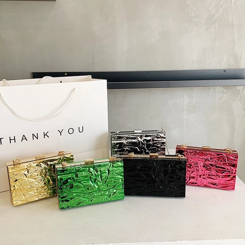 Pochette Da Sera Da Donna Texture Pieghettata Metallica Guscio Rigido Borsa Rettangolare Con Catena In Metallo Per Festa