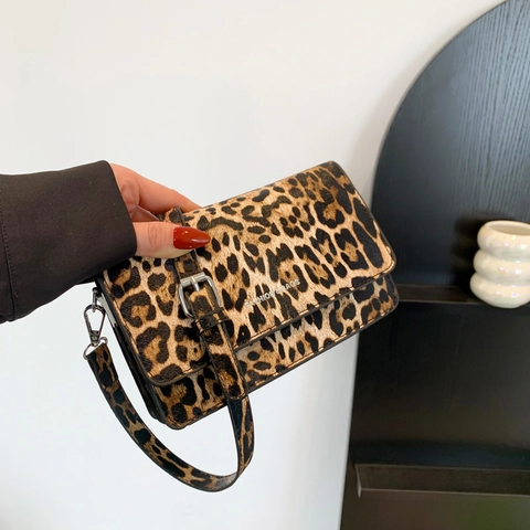 Leopard Print Small Square Bag PU Leather Flap Shoulder Crossbody Bag With Adjustable Strap Fashion Vintage Style For Women