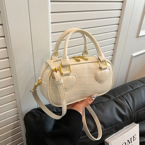Borsa A Mano Da Donna Motivo Coccodrillo Pelle PU Design Cuore Hardware Dorato Borsa A Spalla Tracolla Boston Bag Piccola