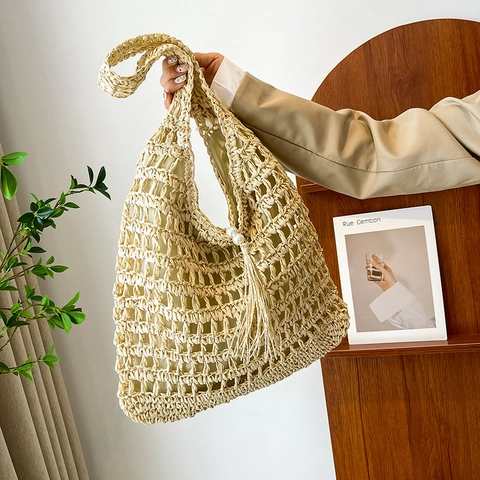 Bolso De Paja Gran Capacidad Calado Perla Artificial Borla Decoración Casual Playa Bolso De Hombro Para Mujeres