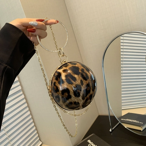 Bolso De Noche Esférico Con Estampado De Leopardo Asa De Anillo De Diamantes De Imitación Y Cadena Larga Bolso De Moda Para Mujer