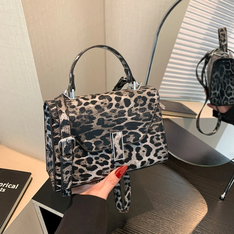 Sac À Bandoulière Femme Motif Léopard En Cuir PU Mode Sac À Main Carré Avec Boucle Métallique Style Rue