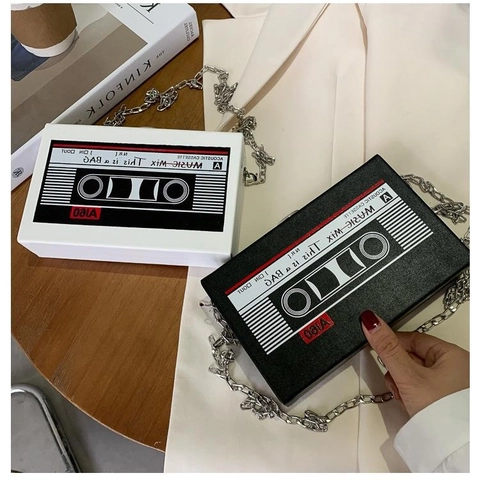 Retro Cassette Tape Shaped Crossbody Bag Creative PU Leather Small Square Box With Chain Strap For Women Trendy Punk Style