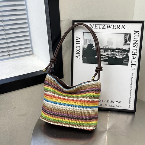 Regenbogen Gestreifte Strohhalm Gewebte Achseltasche Schultertasche Für Frauen Bohemian Strand Urlaub Stil Mit Geknotetem Riemen
