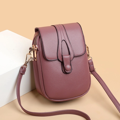 Women Crossbody Mobile Phone Bag Litchi Grain PU Leather Multi Compartment Vertical Square Mini Shoulder Bag Vintage