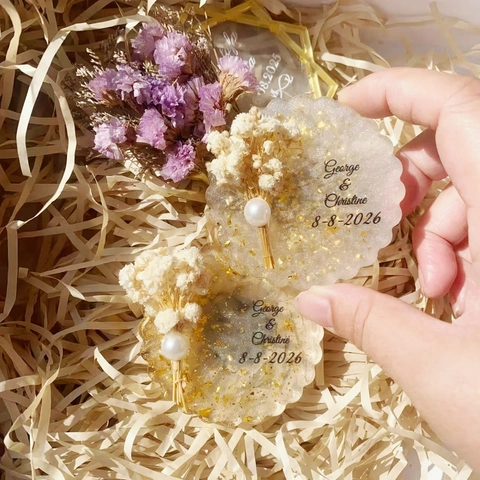 Harz Kühlschrankmagnet Mit Trockenblumen Goldfolie Und Kunstperle Gewellter Rand Dekorative Hochzeit Mitbringsel Souvenir