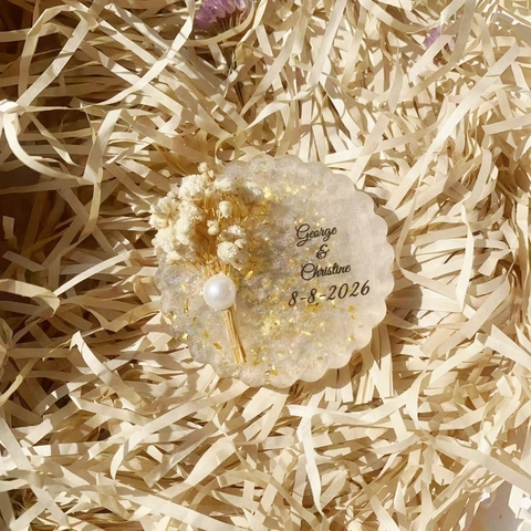 Aimant De Réfrigérateur En Résine Avec Fleurs Séchées Feuilles D'Or Et Fausse Künstliche Perle Bord Festonné Décoratif Cadeau Mariage