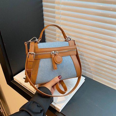 Vintage Color Block Handtas Canvas PU Leer Patchwork Crossbody Tas Voor Dames Retro Casual Stijlvolle Trapezium Tote
