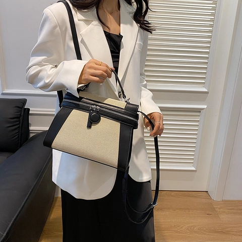 Vintage Color Block Handtas Canvas PU Leer Patchwork Crossbody Tas Voor Dames Retro Casual Stijlvolle Trapezium Tote