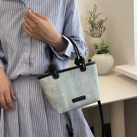 Borsa A Tracolla In Denim Alla Moda Da Donna Con Decorazione Di Paillettes E Strass Borsa A Mano Con Manico Annodato