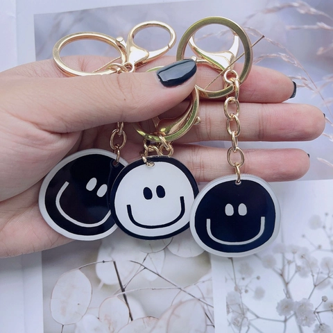 Smiley Face Schlüsselanhänger Rund Acryl Zinklegierung Anhänger Gold Karabiner Taschenanhänger Auto Schlüsselring Geschenk