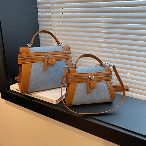 Retro Splicing Handbag For Women PU Leather And Canvas Contrast Color Top Handle Crossbody Bag Vintage Chic Tote