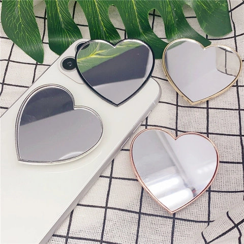 Heart Shaped Mirror Phone Socket Holder Rhinestone Metal Frame Expandable Collapsible Desktop Grip Portable For Mobile