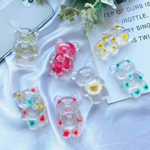 3D Cute Bear Phone Holder Transparent Resin With Real Dried Flowers Expandable Folding Griptok Stand For Mobile Phones Kawaii