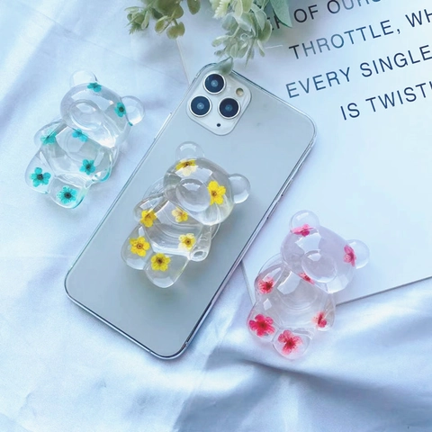 3D Cute Bear Phone Holder Transparent Resin With Real Dried Flowers Expandable Folding Griptok Stand For Mobile Phones Kawaii