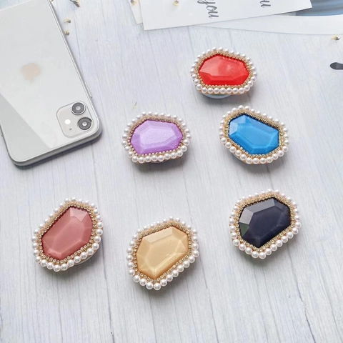 Luxury Phone Grip Griptok With Resin Gemstone Artificial Pearl Rhinestone Expandable Folding Desktop Stand Elegant Accessory